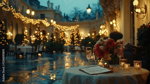 Fototapeta Naklejka Na Ścianę i Meble -  Elegant outdoor Christmas dinner in a grand courtyard