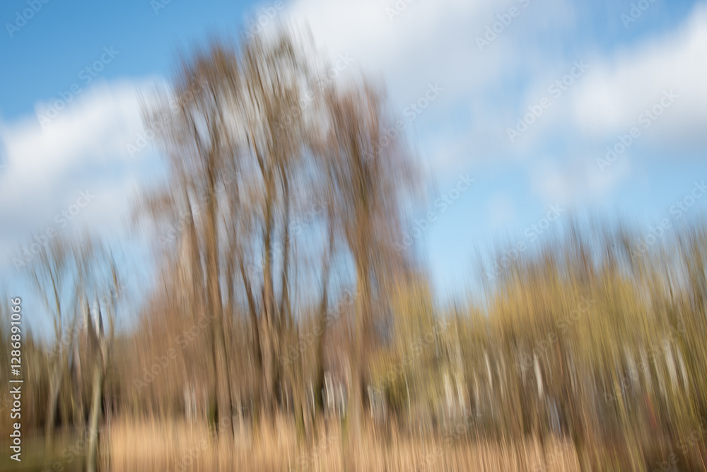 Obraz premium Impressionistic forest with green grass and blurred trees creating abstract background