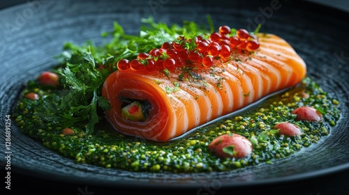 Elegant Salmon Roll with Herbs, Sauce, and Garnish on Dark Plate photo