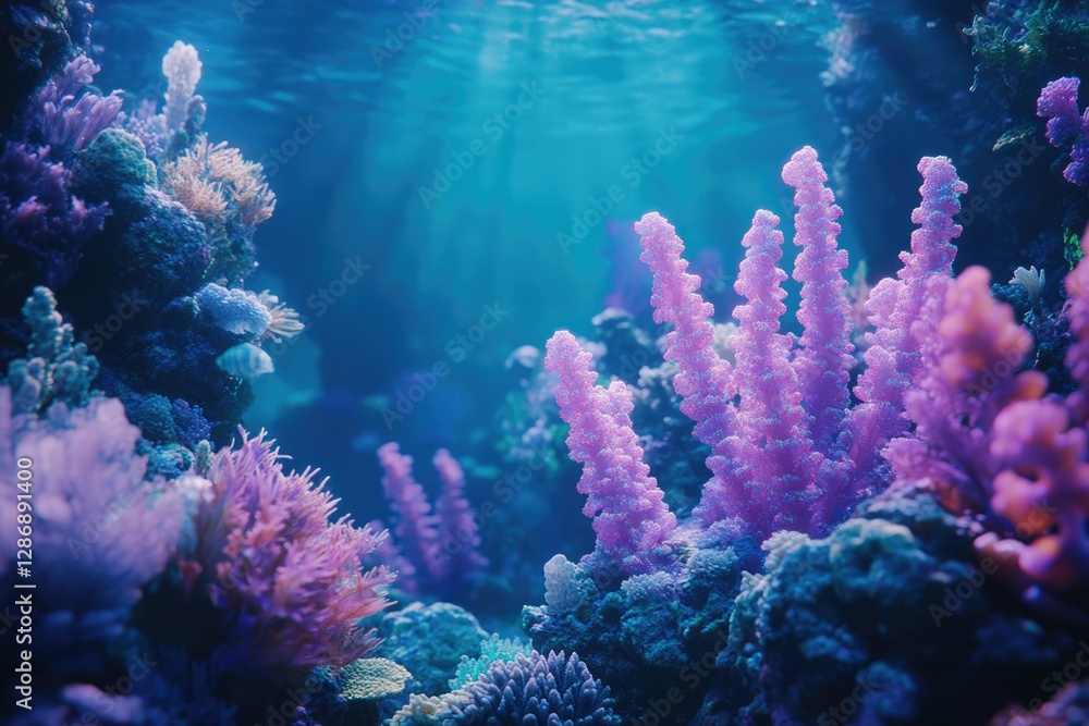 Naklejka premium Vibrant underwater scene showcasing diverse coral reef ecosystems with various coral species and fish.