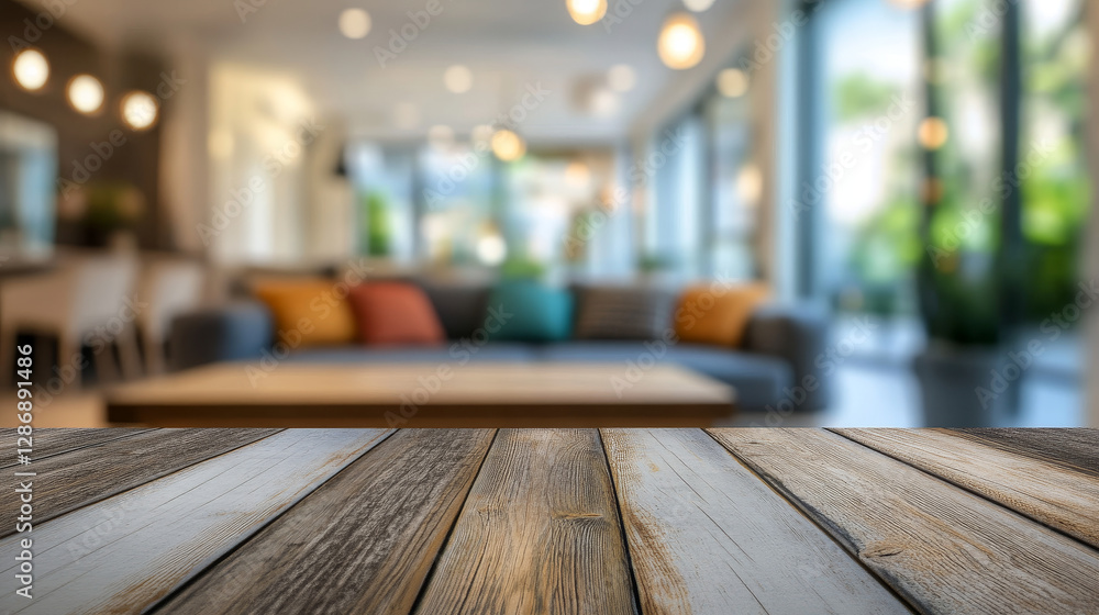 A blurred living room background with a clear wooden surface in the foreground A blurred living room background with a clear wooden surface in the foreground