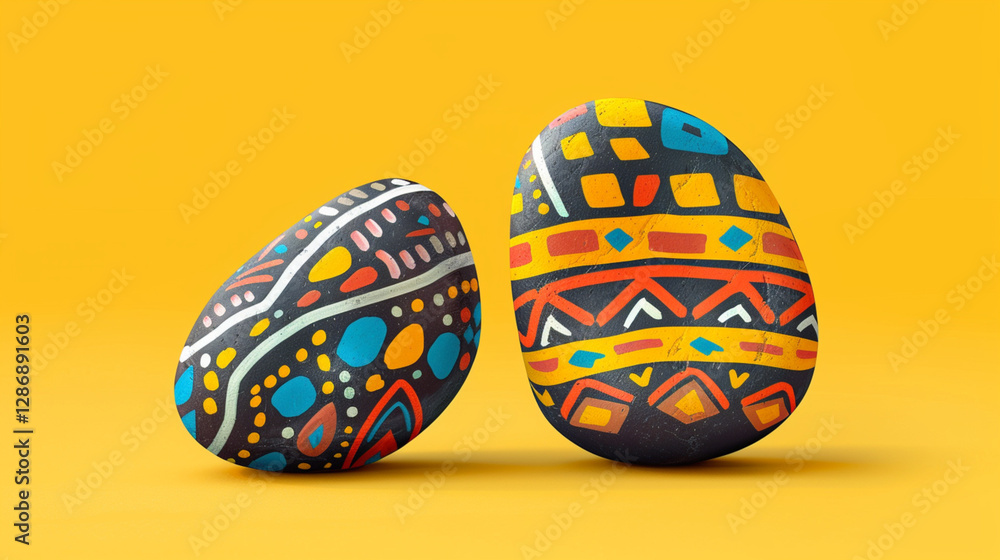Two uniquely designed rocks with playful, multicolored geometric patterns Two uniquely designed rocks with playful, multicolored geometric patterns