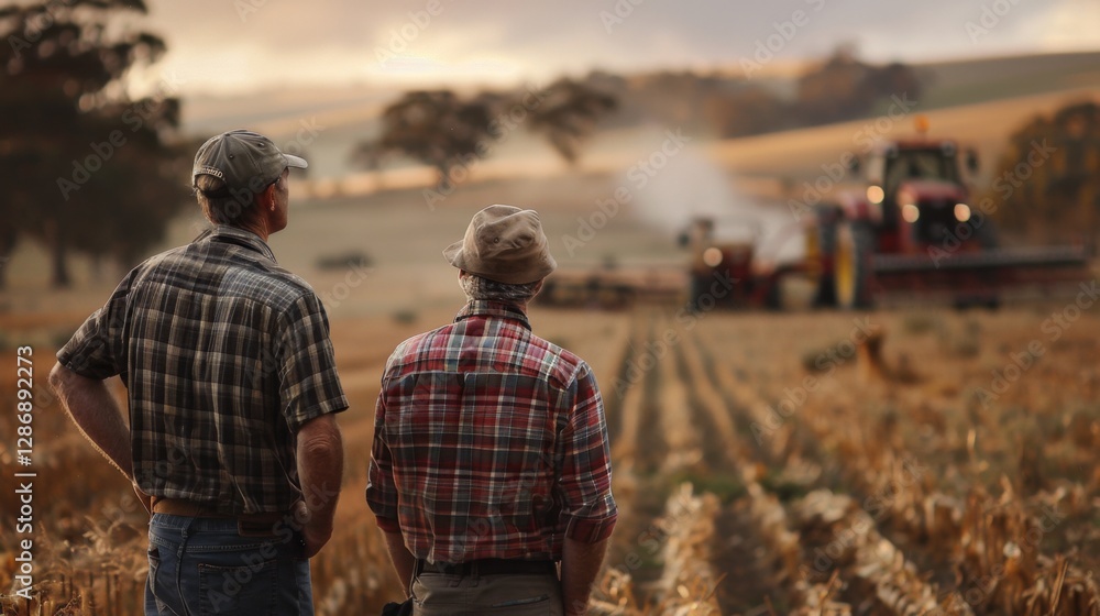 Farmers observe harvest process during golden hour on a rural field in autumn with smoke rising from machinery