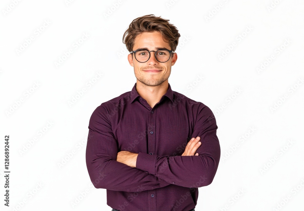 A young man with glasses stands confidently with crossed arms, wearing a dark patterned shirt against a plain background. A young man with glasses stands confidently with crossed arms, wearing a dark patterned shirt against a plain background.