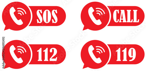 Red emergency phone icons with sos call 112 and 119 symbols for urgent contact helpline assistance and rescue communication.  SOS Emergency icon collection. 119 emergency badge. Call for help sign