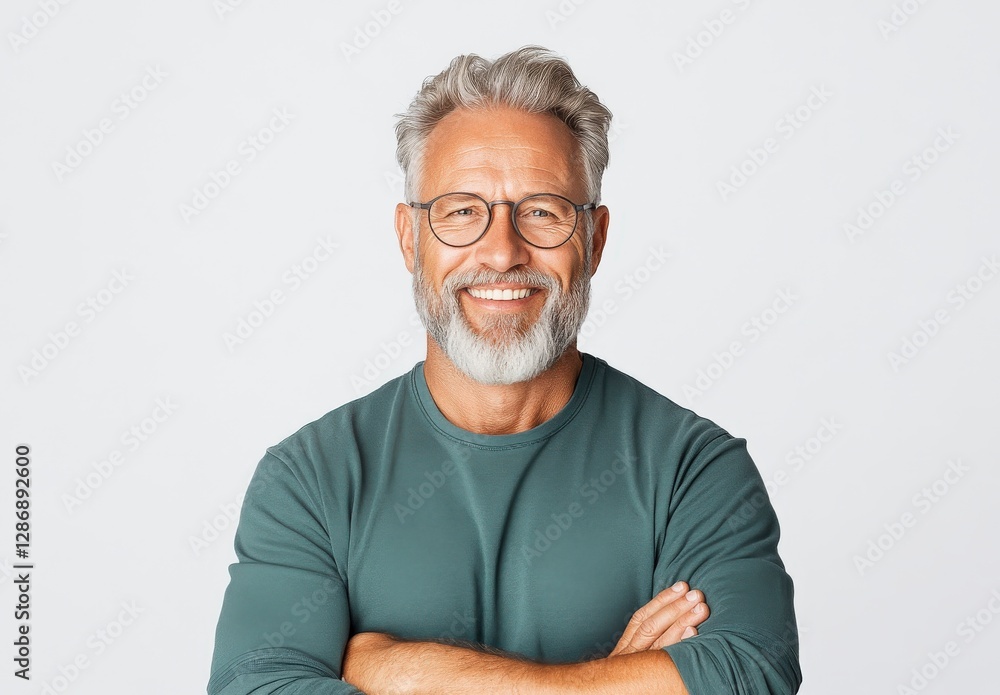 Smiling older man with glasses and gray hair poses confidently with crossed arms against a light background. Smiling older man with glasses and gray hair poses confidently with crossed arms against a light background.