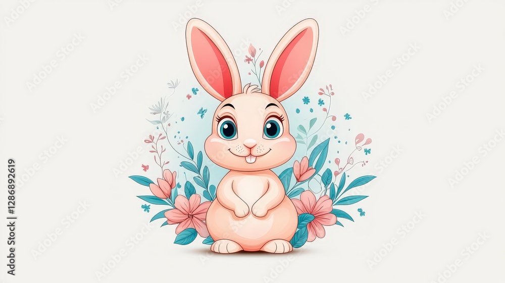 Obraz premium Cute cartoon rabbit surrounded by flowers and foliage, showcasing a playful and colorful design ideal for children themes.