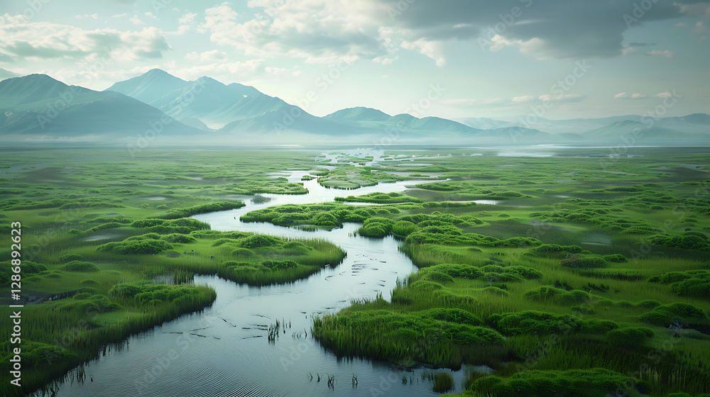 A tranquil river delta with winding waterways, green marshes, and a distant mountain range in A tranquil river delta with winding waterways, green marshes, and a distant mountain range in