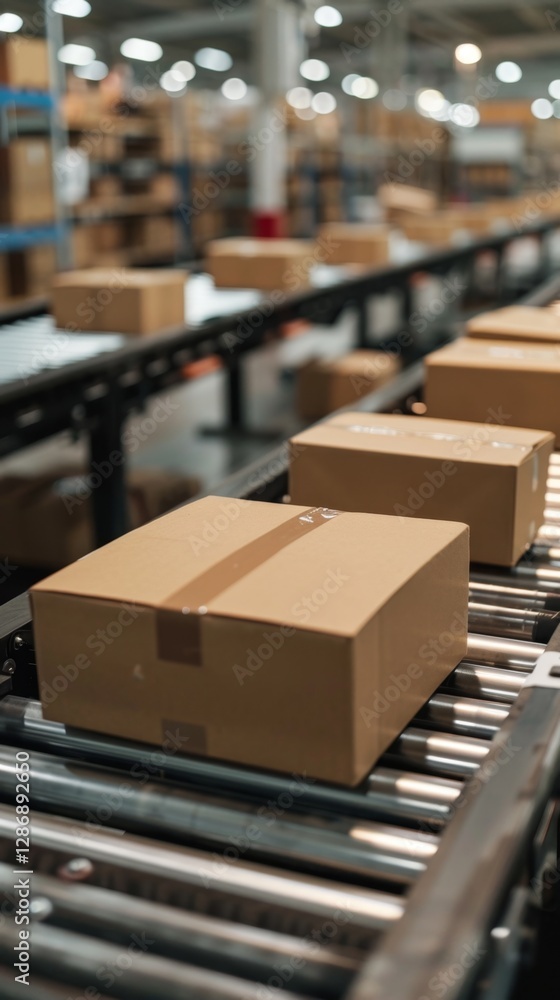 Conveyor belt system transports brown boxes in a busy warehouse during daylight hours Conveyor belt system transports brown boxes in a busy warehouse during daylight hours