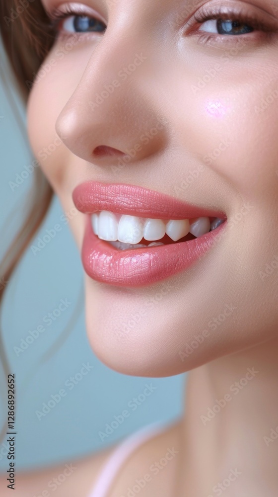 Obraz premium Smiling woman with flawless skin and perfect lips against a pale blue background captures beauty in a close-up portrait