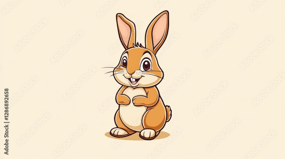 Obraz premium Cute cartoon rabbit with big ears and a cheerful expression, standing upright against a light background.