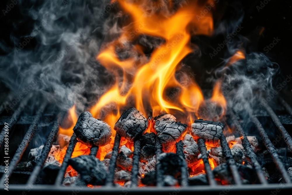 Close-Up of Flames and Smoke Rising from an Open Grill, Burning Charcoal on BBQ Grill with Flames and Smoke, Barbecue Grilling Process in Action with Sizzling Meat Cooking. Close-Up of Flames and Smoke Rising from an Open Grill, Burning Charcoal on BBQ Grill with Flames and Smoke, Barbecue Grilling Process in Action with Sizzling Meat Cooking.