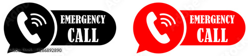 Emergency call icon in black and red color on white background. Urgent sos notification. Call assistance badge. Fast help call icon. Emergency support icon. Contact emergency sign. Vector illustration