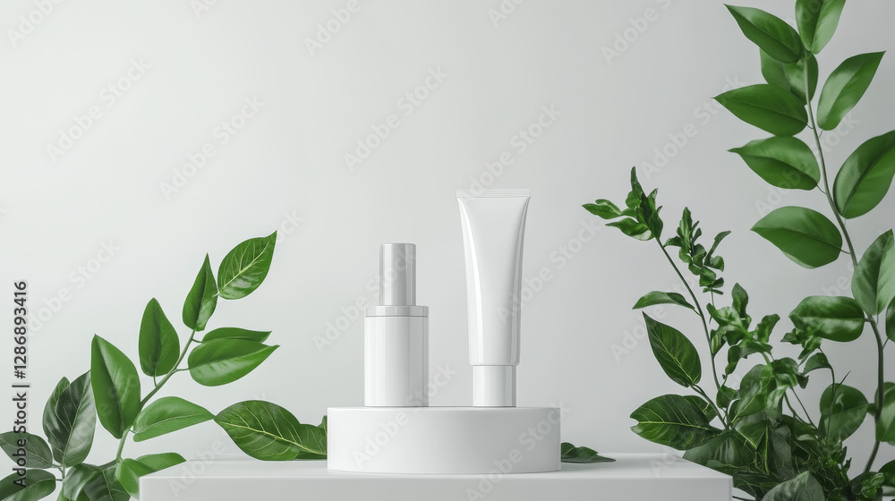 A cosmetic product display podium adorned with natural leaves against a white backdrop--3D rendering for a fresh, organic aesthetic A cosmetic product display podium adorned with natural leaves against a white backdrop--3D rendering for a fresh, organic aesthetic
