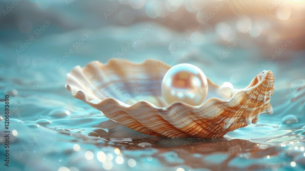 Beautiful shell with a pearl rests in calm water under soft lighting at dawn Beautiful shell with a pearl rests in calm water under soft lighting at dawn