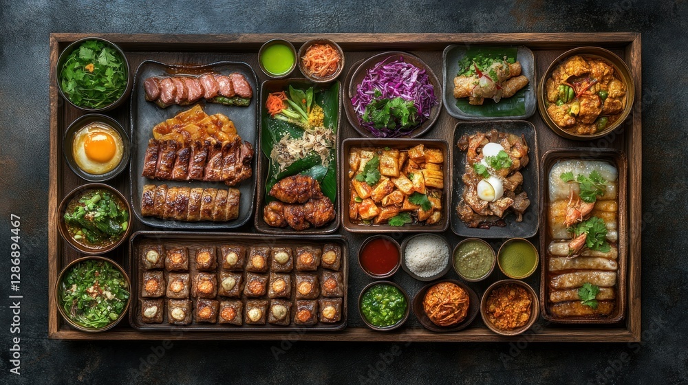 Exquisite Asian food display on rustic wooden tray Exquisite Asian food display on rustic wooden tray