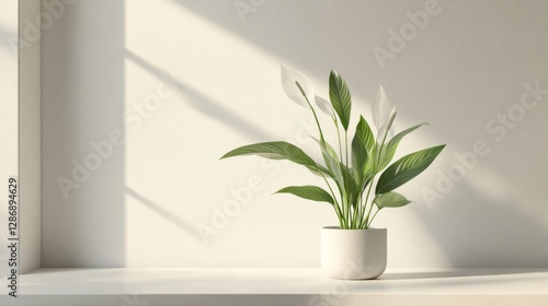 A minimalist standing desk with a single peace lily plant in a sleek white planter for a clean and elegant look 