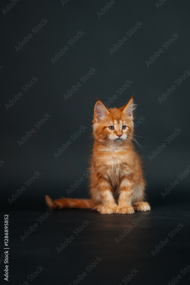 orange maine coon kitten on black background. young purebred maine coon cat dark golden color