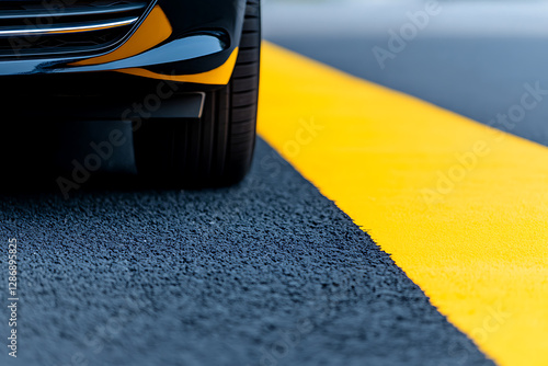 A striking close-up featuring part of a dark vehicle juxtaposed against a vibrant yellow line on dark asphalt, creating a visually compelling contrast. photo