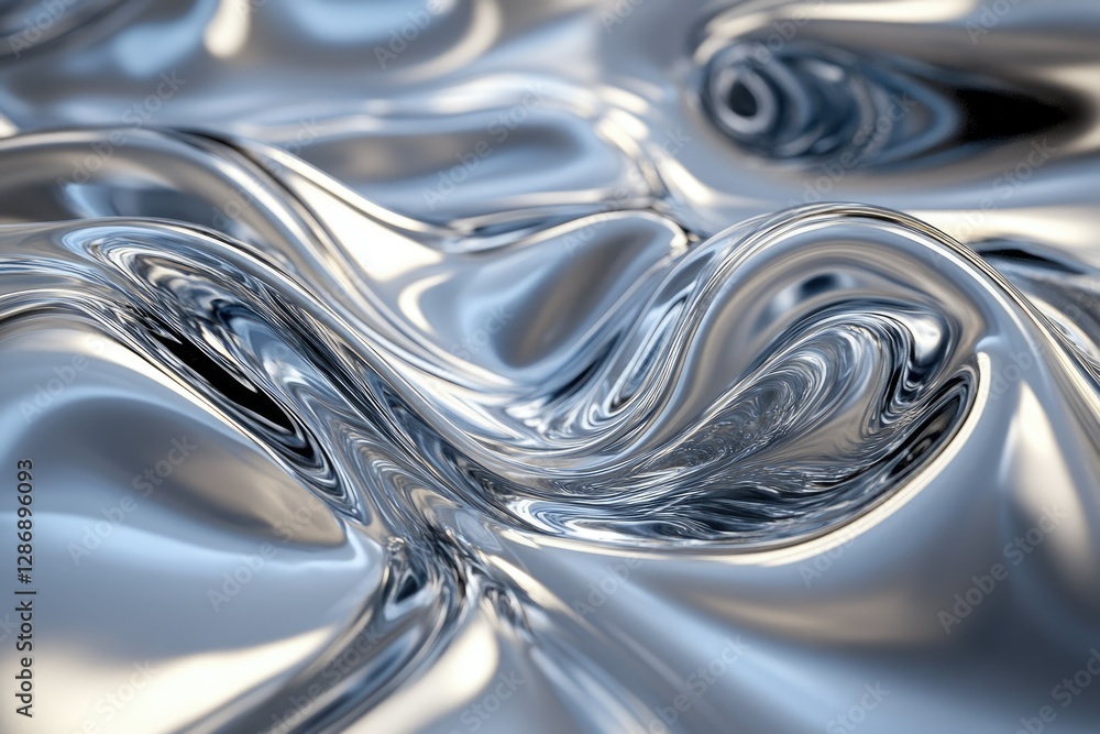 Abstract image of flowing, reflective liquid metal with smooth, undulating waves and metallic sheen. Abstract image of flowing, reflective liquid metal with smooth, undulating waves and metallic sheen.