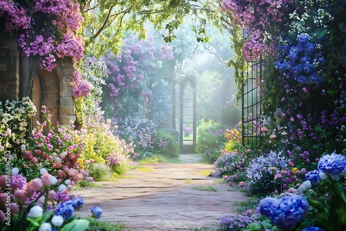 Fototapeta Naklejka Na Ścianę i Meble -  Sunlit Path Through a Magical Flower Garden
