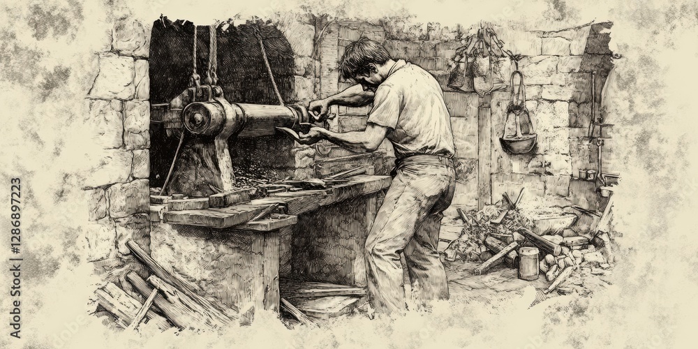 Fototapeta premium vintage blacksmith postcard, vintage etching style postcard template featuring a blacksmith forging metal in a traditional workshop with space for personalized text