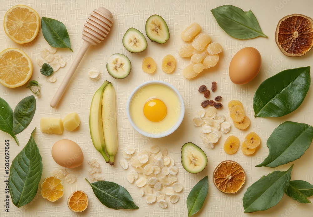 Fresh Ingredients on a Light Background Featuring Citrus, Banana, Honey, Egg, and Decorative Leaves Perfect for Cooking and Baking Concepts Fresh Ingredients on a Light Background Featuring Citrus, Banana, Honey, Egg, and Decorative Leaves Perfect for Cooking and Baking Concepts