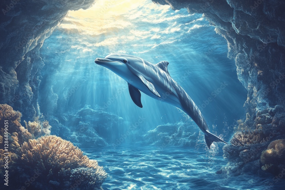 Naklejka premium Dolphin swimming gracefully through clear water of ocean cave with coral reefs underneath bright sunlight