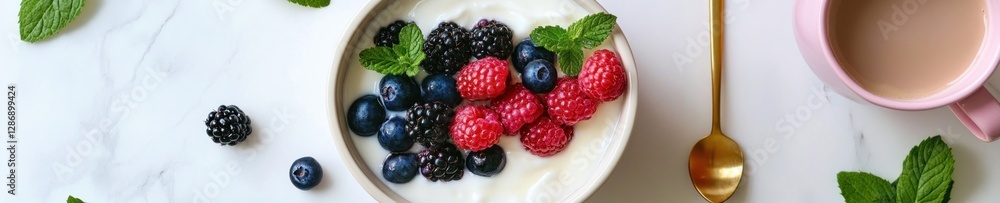 Fresh Easter breakfast scene with yogurt and berries for a healthy start Fresh Easter breakfast scene with yogurt and berries for a healthy start