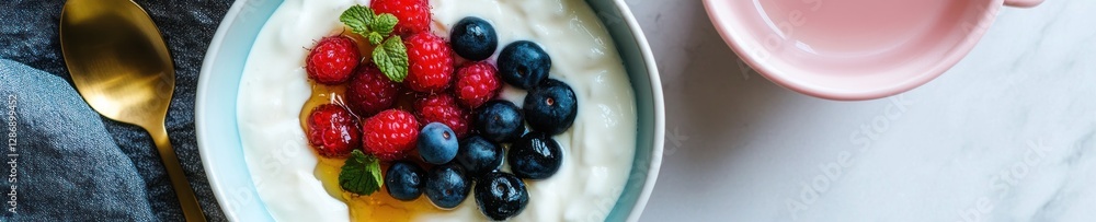 Fresh healthy Easter breakfast scene with yogurt and berries in bowl Fresh healthy Easter breakfast scene with yogurt and berries in bowl