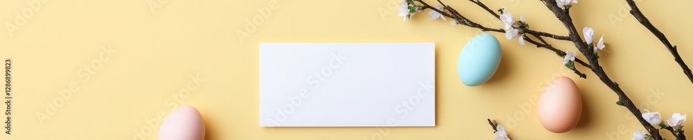 Simple and stylish Easter greeting card mock up with eggs and blossoms for design Simple and stylish Easter greeting card mock up with eggs and blossoms for design