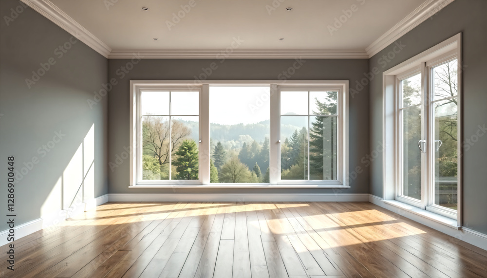 Fototapeta premium Sunlit Empty Room with Hardwood Floors and Large Windows Overlooking Scenic Woodland View