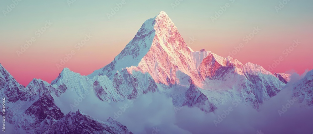Obraz premium The ethereal pink glow of sunrise casts a magical hue on a mountain peak, with the sky transitioning from night to day.