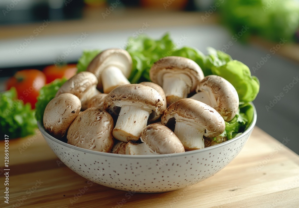Fresh mushrooms in a bowl surrounded by leafy greens on a wooden kitchen table with blurred vegetables in the background for culinary inspiration Fresh mushrooms in a bowl surrounded by leafy greens on a wooden kitchen table with blurred vegetables in the background for culinary inspiration