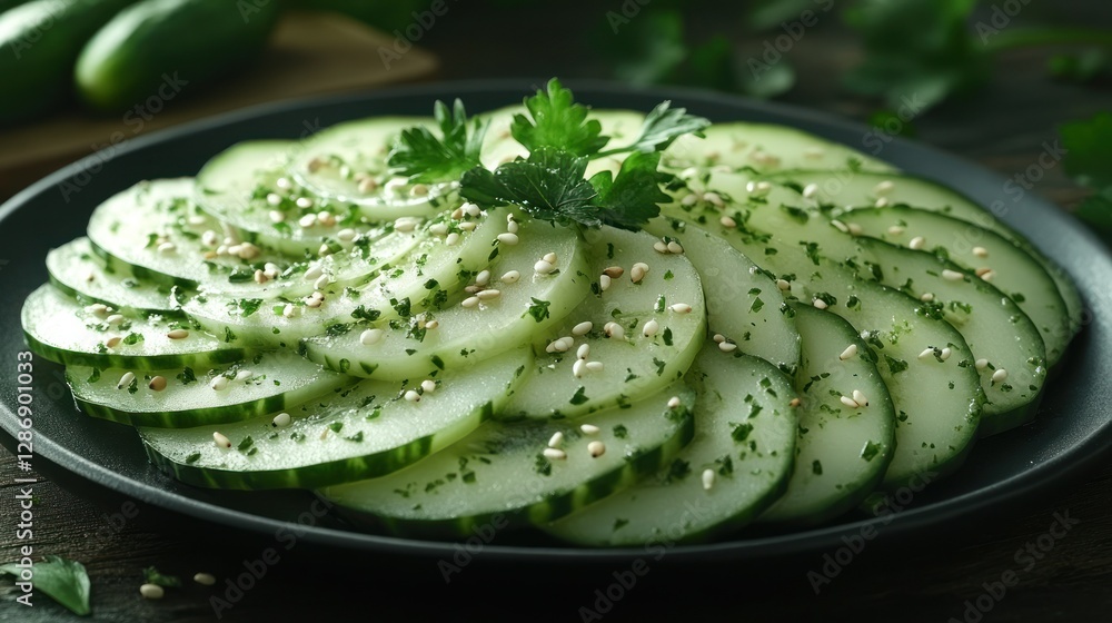 Obraz premium Fresh cucumber slices, seasoned with sesame seeds and parsley, on a dark plate, wooden background