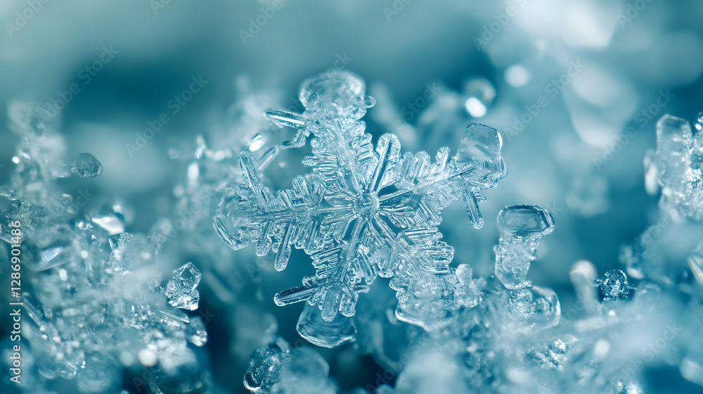 Close up image of a snowflake showcasing intricate patterns and details on a white background Close up image of a snowflake showcasing intricate patterns and details on a white background