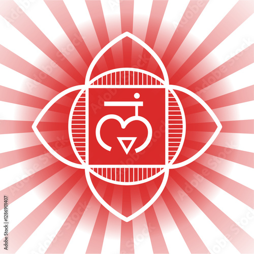 Muladhara. First primary chakra vector hand drawing illustration. Prostate and fallopian tube in traditional medicine. Symbol of energy center of human body, used in Yoga, Ayurveda, Hinduism