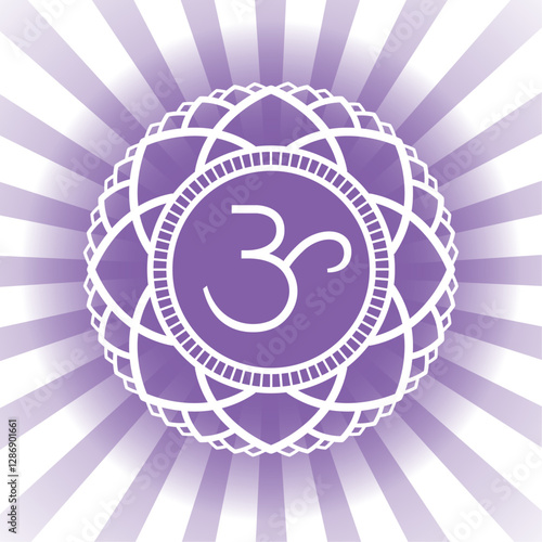 Sahasrara thousand-petaled or crown chakra is generally considered the seventh primary symbol, according to most tantric yoga traditions, Ayurveda, Hinduism, Buddhism. Energy center of human body.