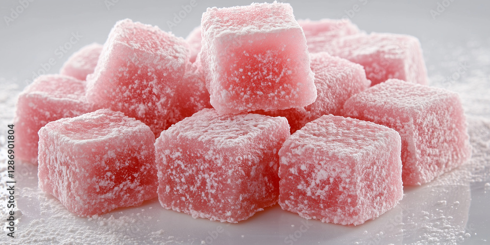 Pink Turkish Delight cubes with a light dusting of powder, stacked on a white surface. Pink Turkish Delight cubes with a light dusting of powder, stacked on a white surface.
