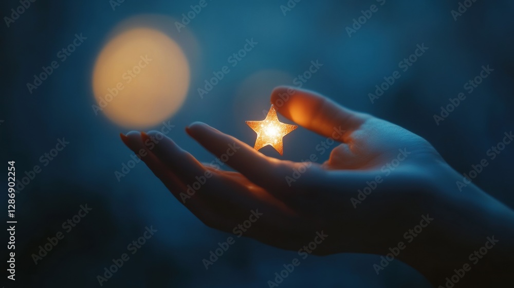 Capturing women's day where moon and stars with sparkles glow softly behind a woman's hand holding a small decorative star, a blurred moon beyond Capturing women's day where moon and stars with sparkles glow softly behind a woman's hand holding a small decorative star, a blurred moon beyond