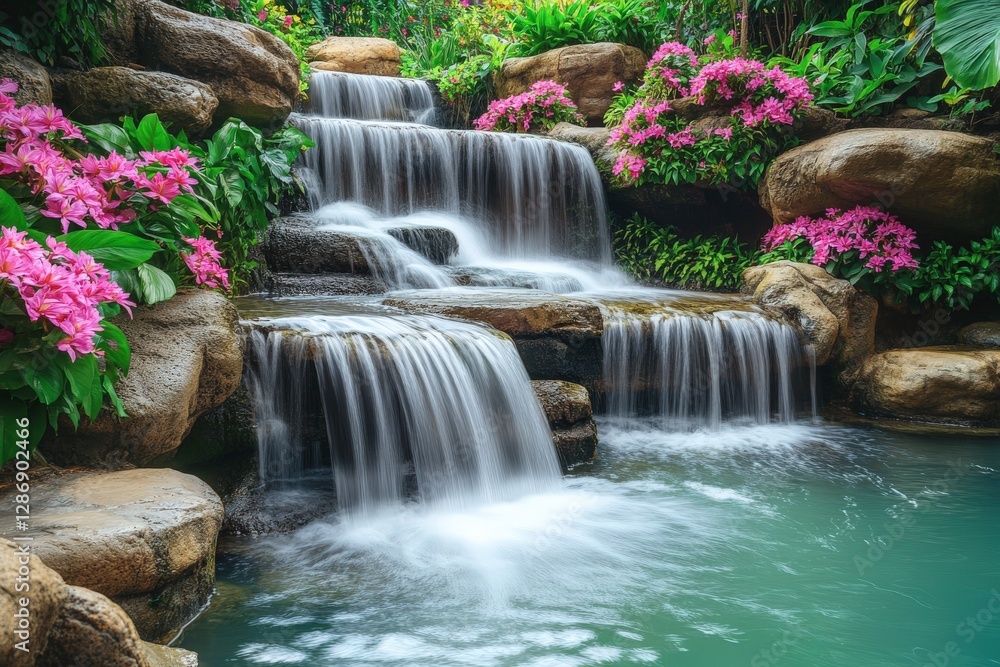 Naklejka premium Serene waterfall cascading over rocks surrounded by vibrant flowers in a lush garden setting