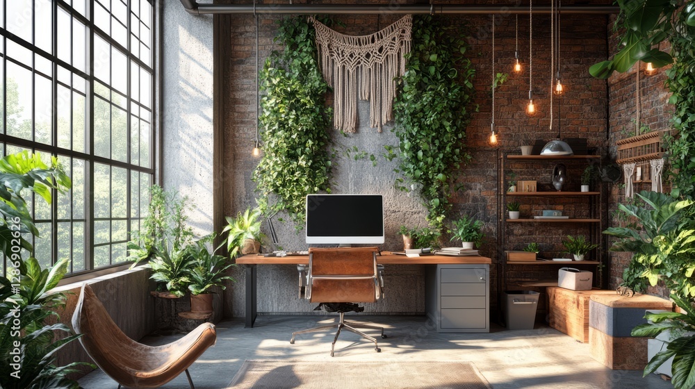 Obraz premium A loft-style office with industrial elements complemented by lush greenery in hanging macrame planters