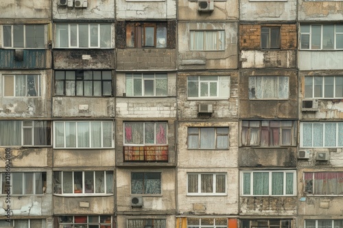 Wallpaper Mural Weathered Soviet Building with Decaying Facade and Balconies, Red Curtains Hanging from Apartment Windows, Grungy Architecture of an Abandoned High-Rise Building. Torontodigital.ca