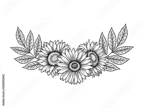 Vector sunflowers border illustration, line art floral composition. Graphic monochrome drawing. Hand drawn flowers outline sketch, engraved illustration. For coloring book, tattoo, logo, invitation