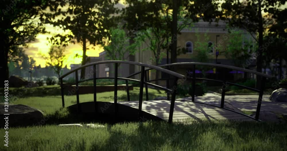 A charming bridge arches over lush grass in a tranquil garden setting. The golden hues of sunset create a peaceful ambiance, surrounded by trees and distant buildings. A charming bridge arches over lush grass in a tranquil garden setting. The golden hues of sunset create a peaceful ambiance, surrounded by trees and distant buildings.