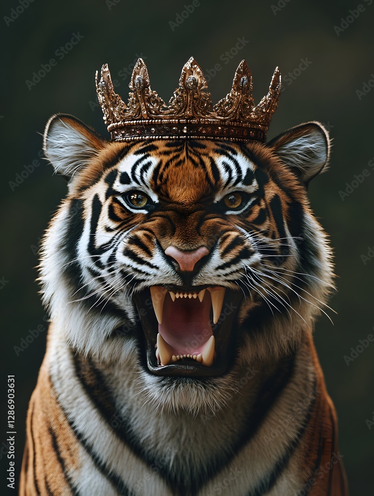 Obraz premium A magnificent tiger roars, symbolizing its dominance over the animal kingdom. Atop its head rests a golden crown encrusted with precious stones.