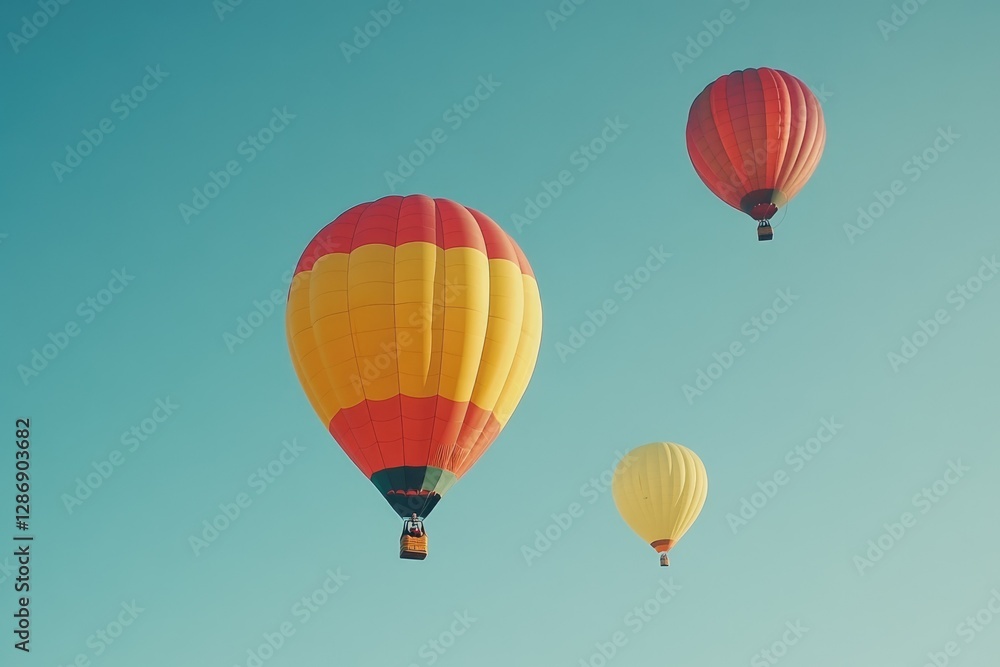 Three vibrant hot air balloons ascend against a serene, azure sky. Three vibrant hot air balloons ascend against a serene, azure sky.