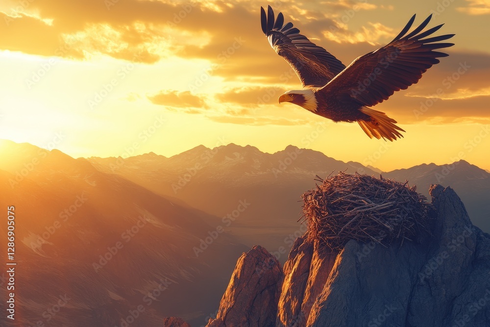 Obraz premium Eagle soaring above the mountains at sunset with its nest nearby