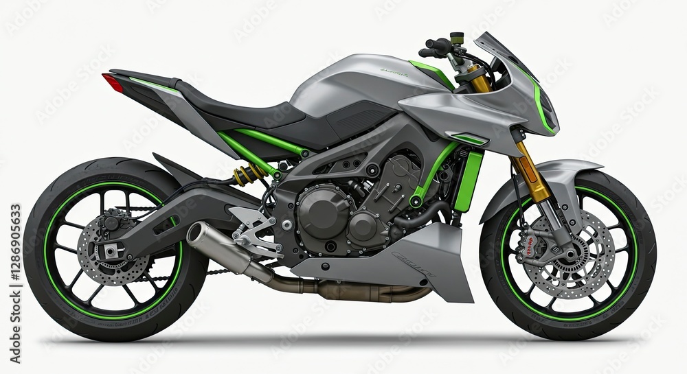 Modern Silver Motorcycle with Green Accents Isolated on White Background Modern Silver Motorcycle with Green Accents Isolated on White Background