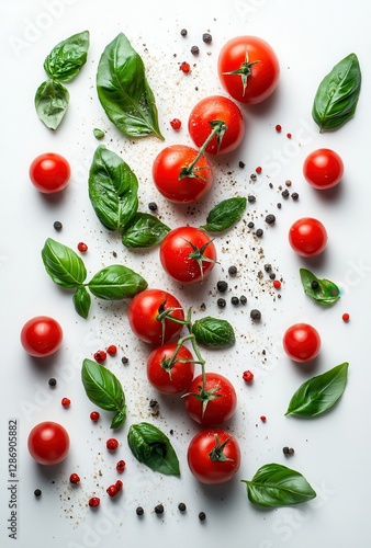 Fresh Red Tomatoes and Green Basil Leaves Arranged Artfully on a White Background with Spices and Pepper for Culinary Presentation